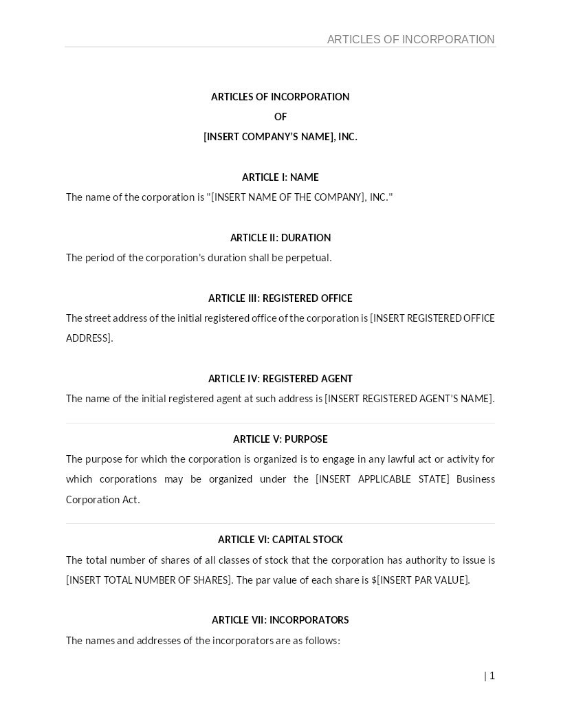 ARTICLES OF INCORPORATION (USA)