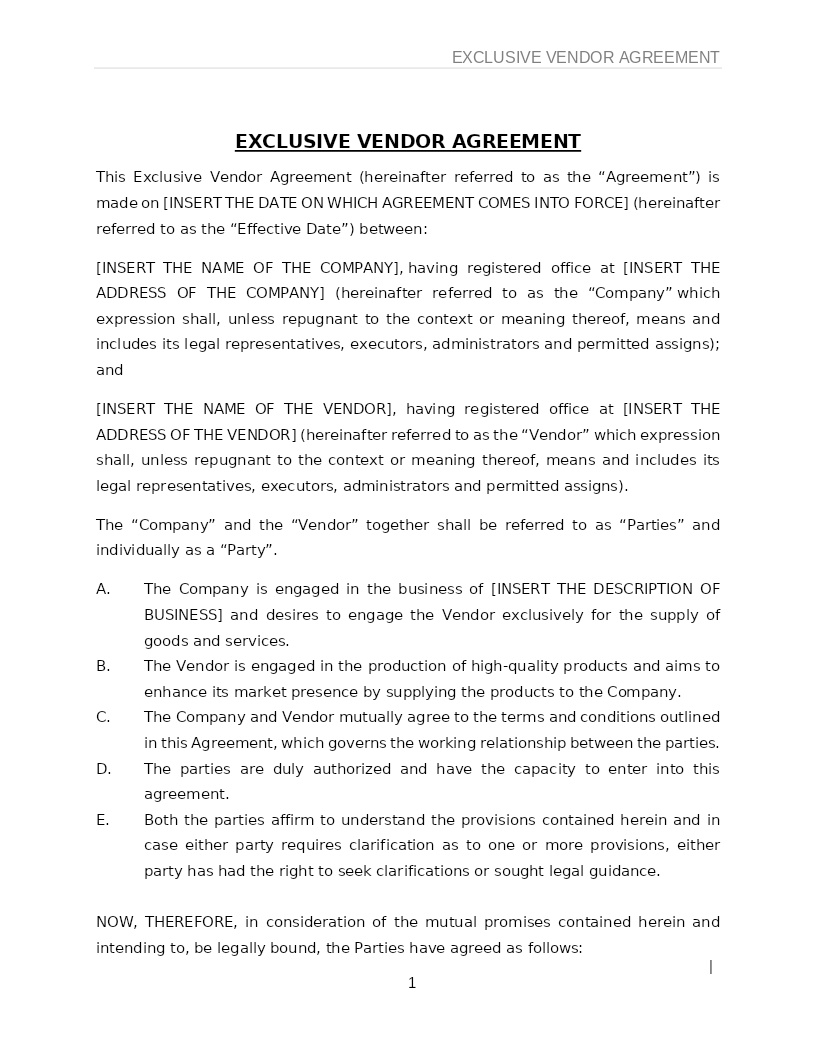 EXCLUSIVE VENDOR AGREEMENT