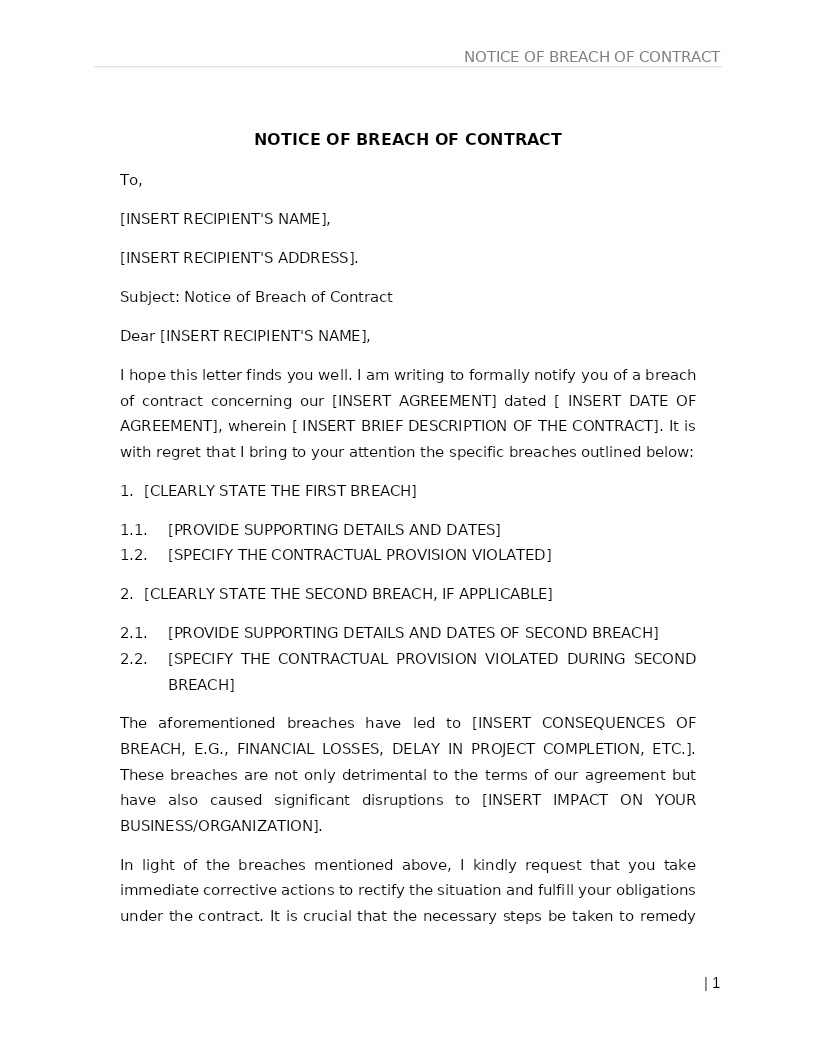 NOTICE OF BREACH OF CONTRACT