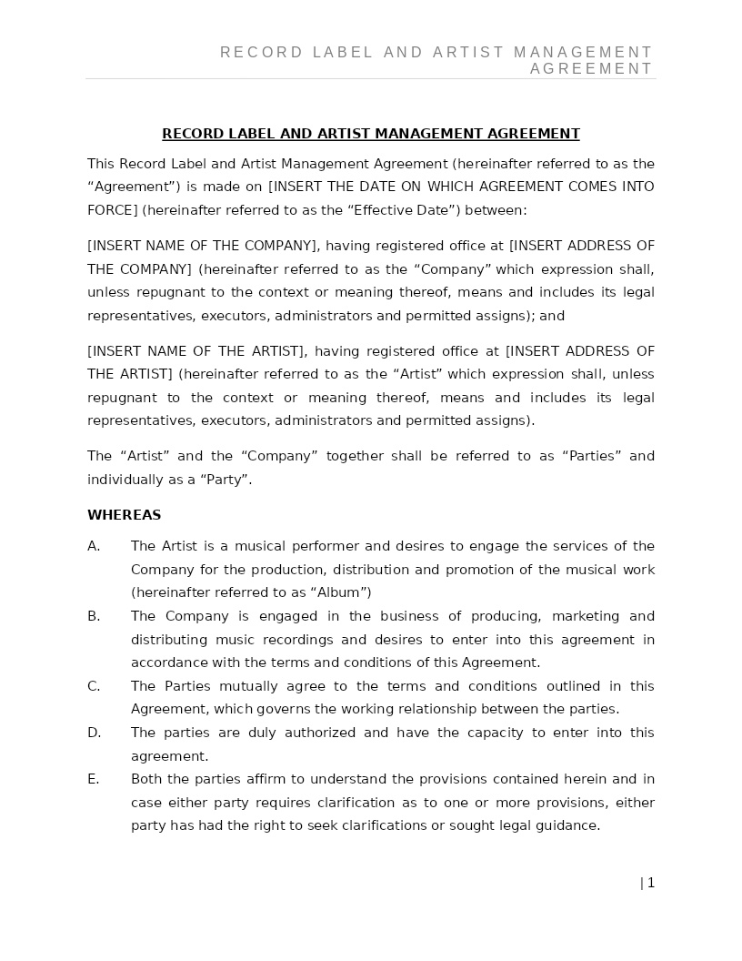 RECORD LABEL AND ARTIST MANAGEMENT AGREEMENT
