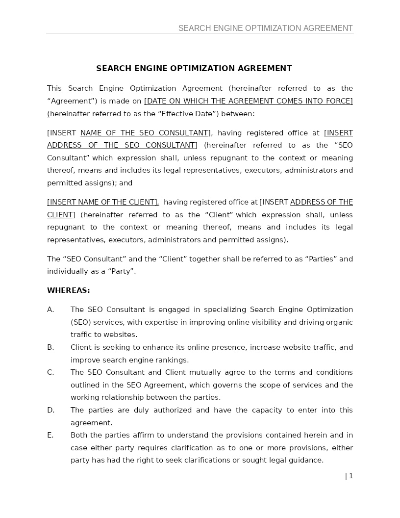 SEARCH ENGINE OPTIMIZATION AGREEMENT