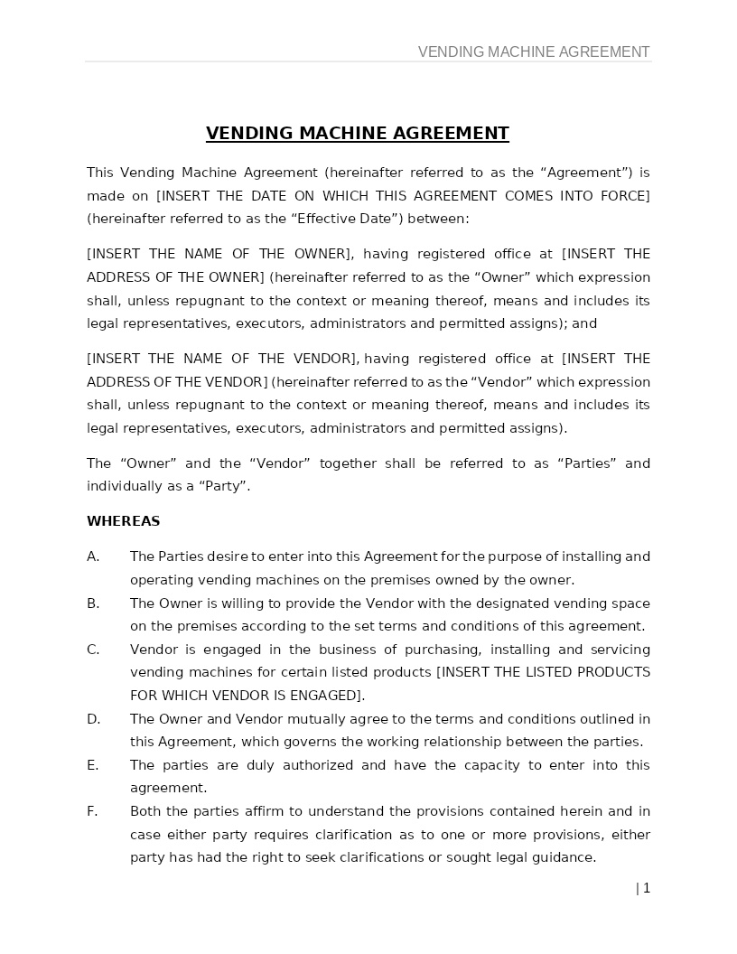 VENDING MACHINE AGREEMENT